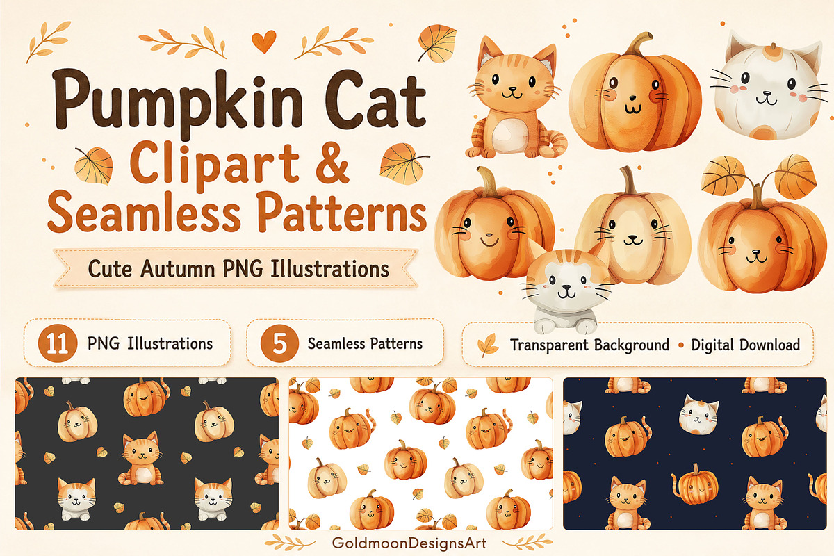 Pumpkin Cat Bundle, a Seasonal Illustration by GoldmoonUA (Photo 1 of 5)