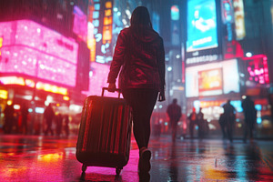 Traveler Walking Through Neon-Lit City on a Rainy Night, an Abstract Photo by Natalia Klenova's Shop