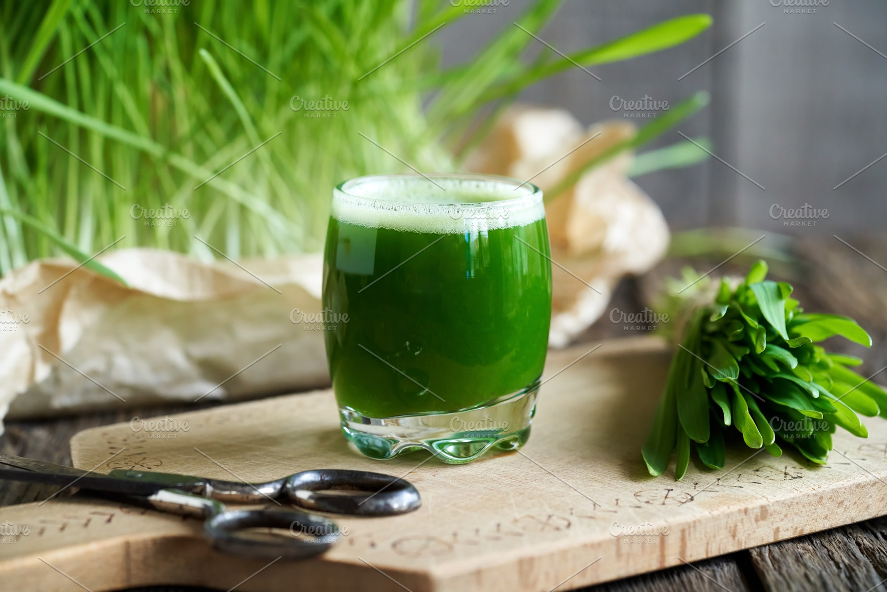 A glass of young green barley grass juice, a Food & Drink Photo by Madeleine Steinbach