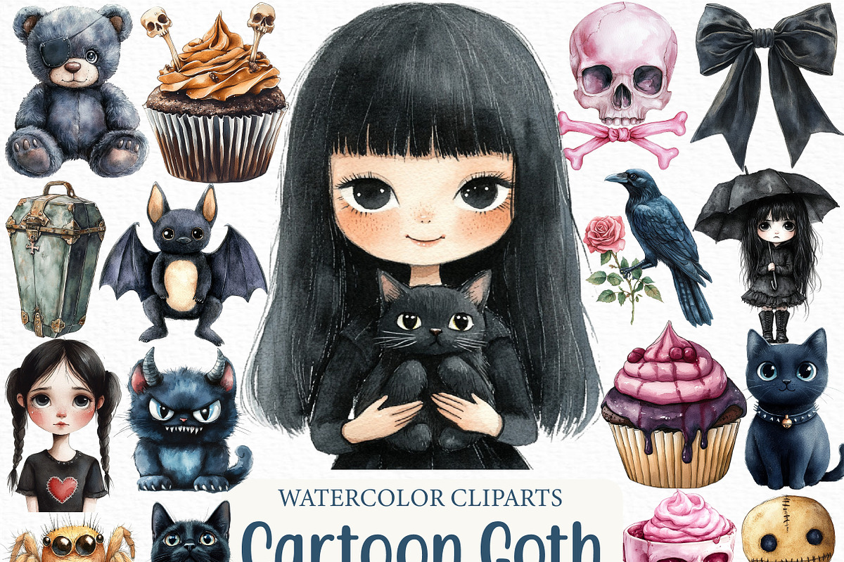 Watercolor Cartoon Goth Clipart, an Illustration by Craft Nest (Photo 1 of 6)