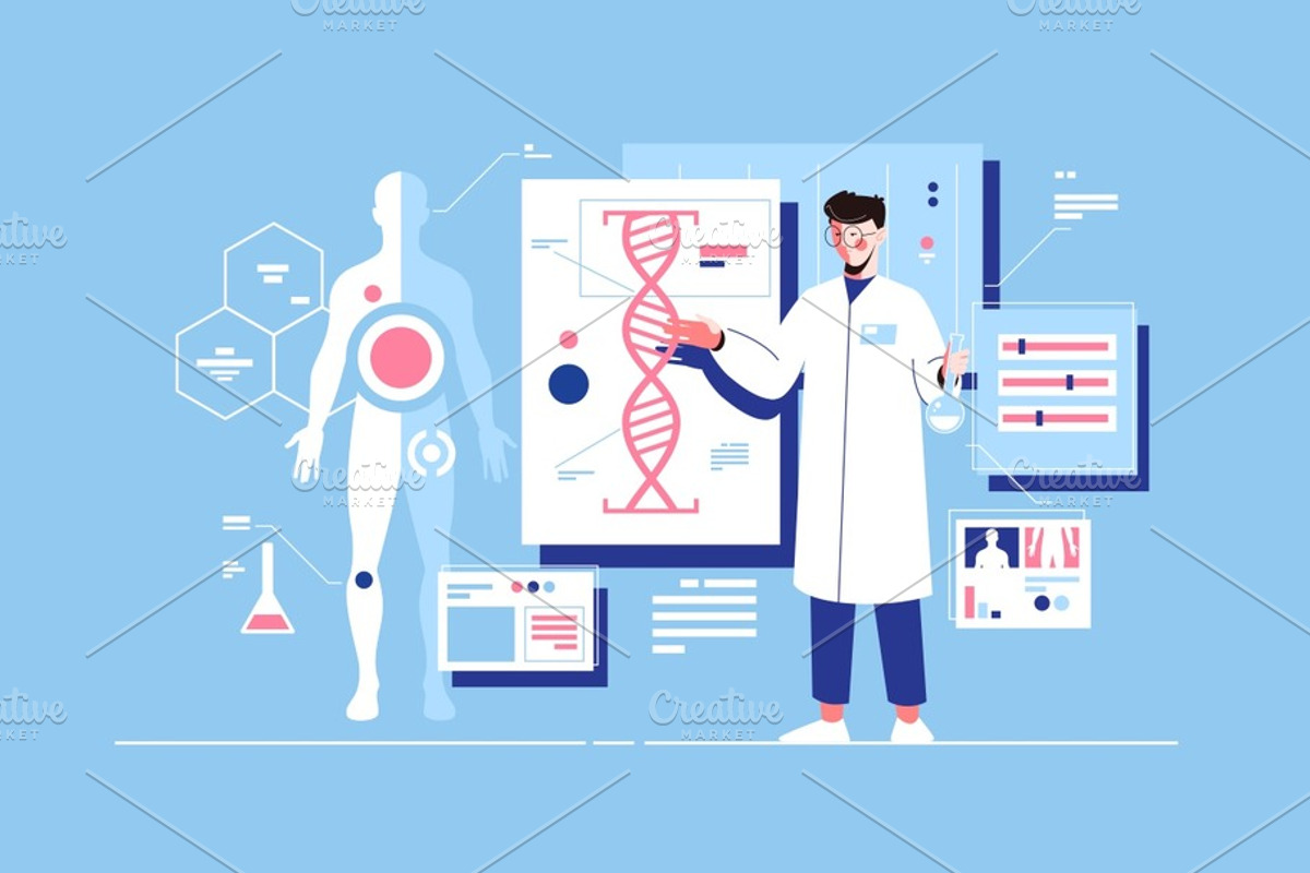 Man scientist with dna model, an Education Illustration by Kit8.net