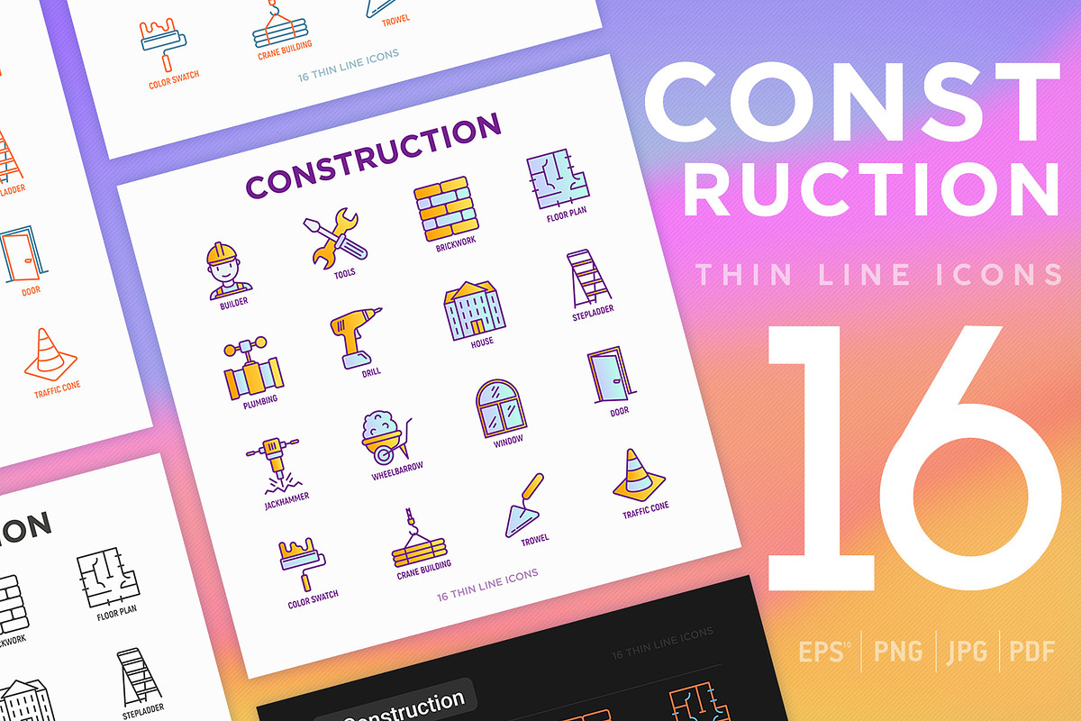 Construction | 16 Thin Line Icons, an Outline Icon by Alex Blogoodf (Photo 1 of 11)