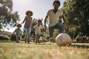 Family plays soccer in the park, a Photo by Beautiful things