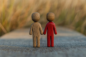 Wooden human figures holding hands on a wooden platform in natural setting, a Beauty & Fashion Photo by AlyaAnd