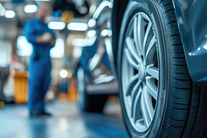 Car wheel with tire as mechanic inspects vehicle in shop during, a Transportation Photo by AlyaAnd