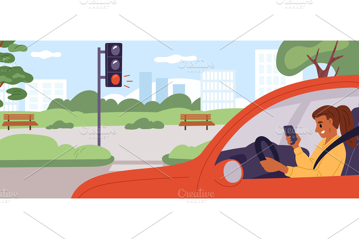 Woman driving car is distracted and, a Transportation Illustration by Vectorbuum