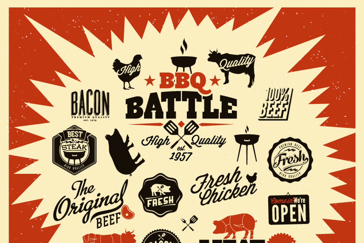 Vintage Barbecue Grill Elements, a Food Illustration by Noka Studio (Photo 1 of 2)