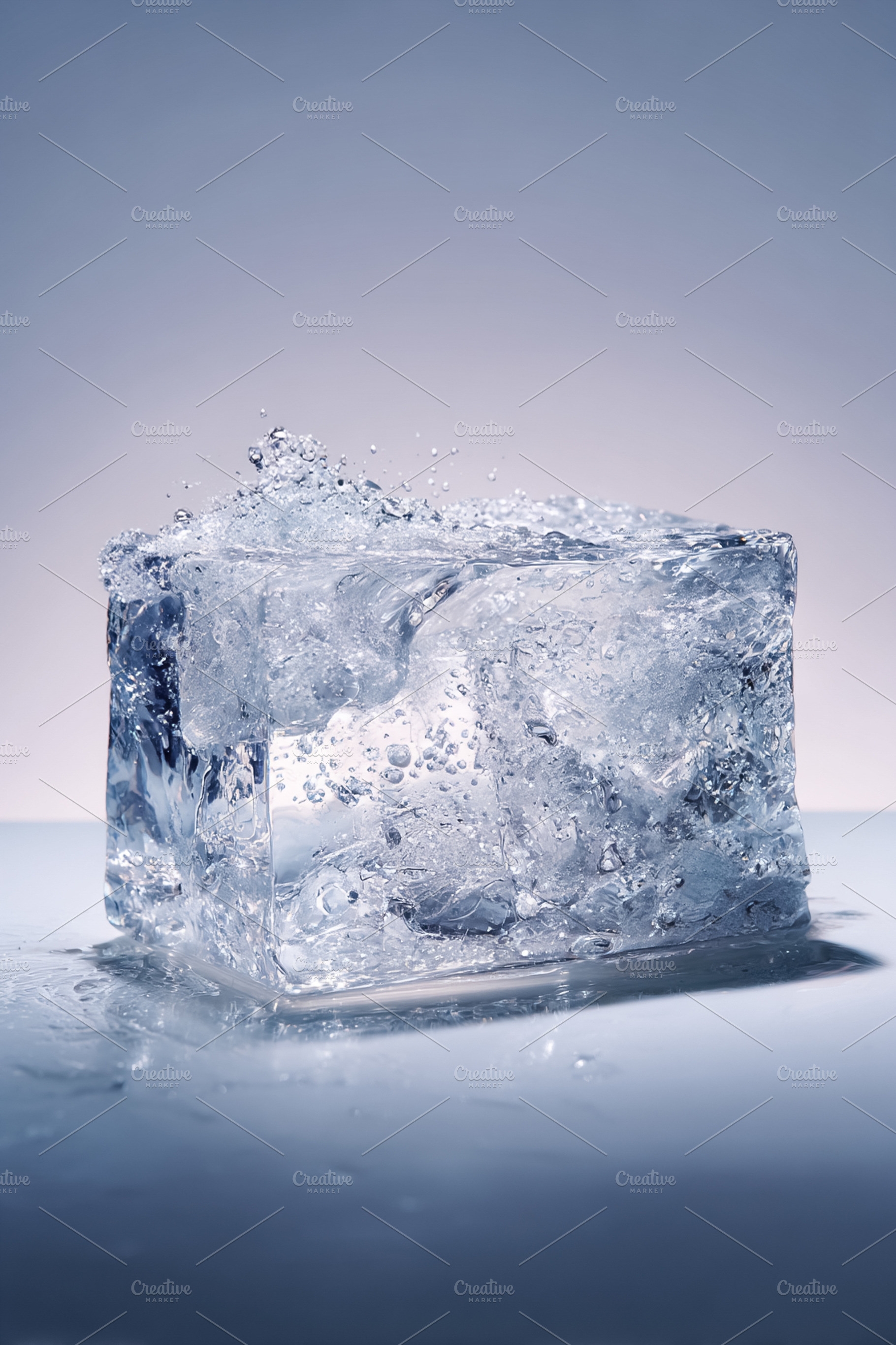 Ice cube creating water splash on a cold surface, showing a refr, a Photo by Studio ANNA