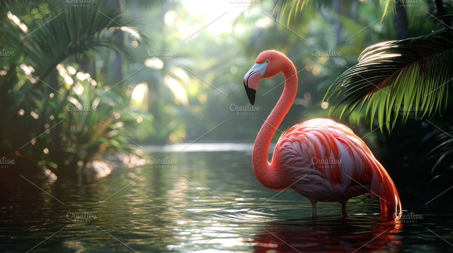 Graceful pink flamingo standing in lush tropical jungle water wi, an Animal Photo by José Manuel Gelpi
