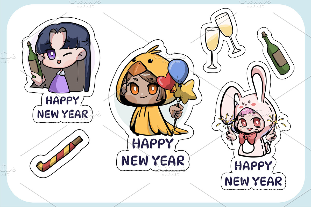 New Year Chibi Art Sticker Set 9, an Illustration by vectstudio (Photo 2 of 3)