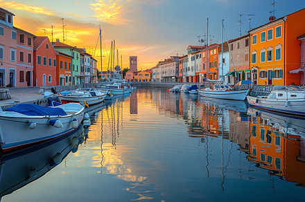 Sunset View of Colorful Marina with Boats in Piran Town, a Photo by AS photostudio