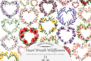 Heart Wreath Wildflowers Clipart, an Illustration by Design Market