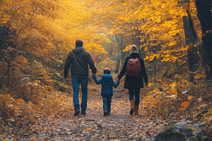 Family of three walking on a trail, a Photo by Pavel_design