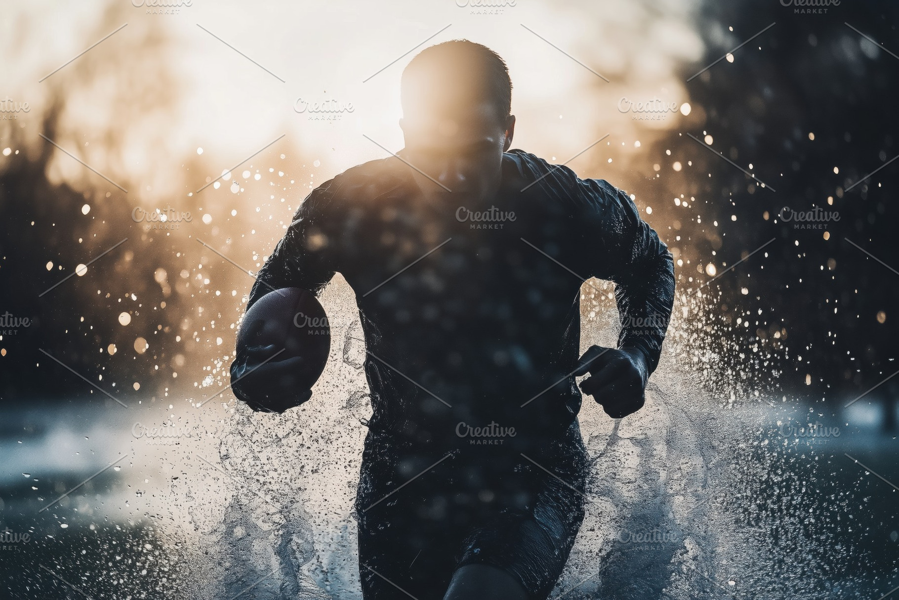 A silhouette of a rugby player running through water, creating splashes, with a, a Person Photo by Textures & Backgrounds