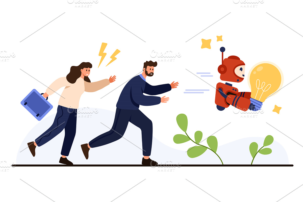 People Chasing Robot With Stolen, a Person Illustration by Flashvector