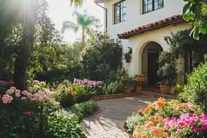 Beautiful garden blooms surround a c, a Photo by Tanuart