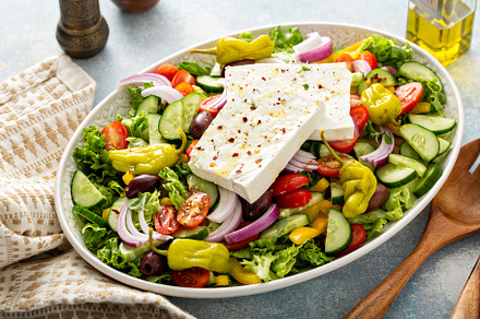 Greek salad with feta on a large platter, a Food & Drink Photo by farwasser