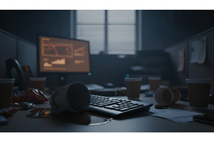 Dark and messy office cubicle desk, a Technology Photo by Igor Tichonow
