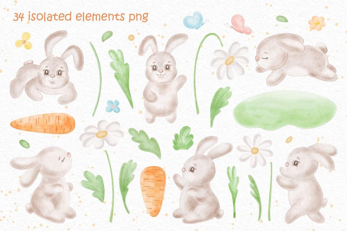 Cute bunny watercolor clipart set, an Illustration by susie-p-art (Photo 2 of 16)