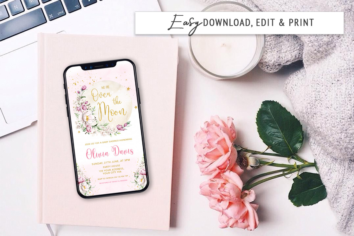 Over the Moon Baby Shower Invitation, an Invitation Template by SvetaArtStore (Photo 2 of 6)