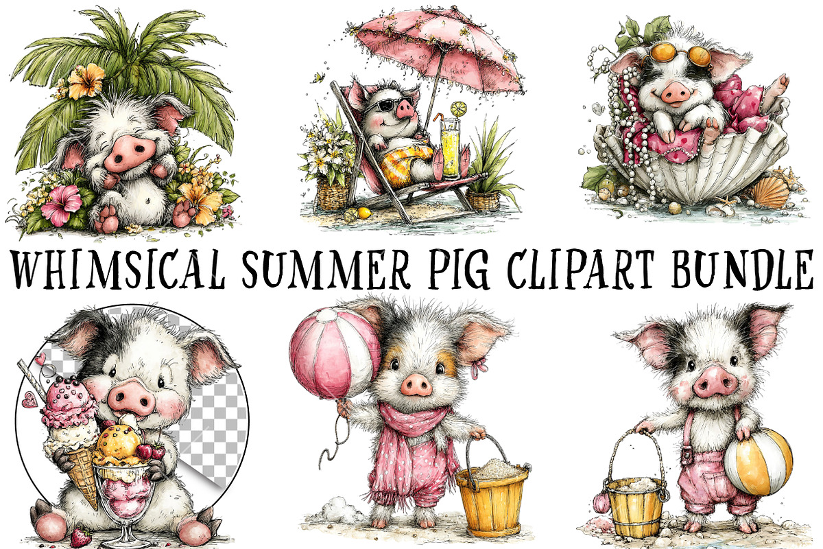 Whimsical Summer Pig Clipart Bundle, a Seasonal Illustration by OK Design (Photo 2 of 6)