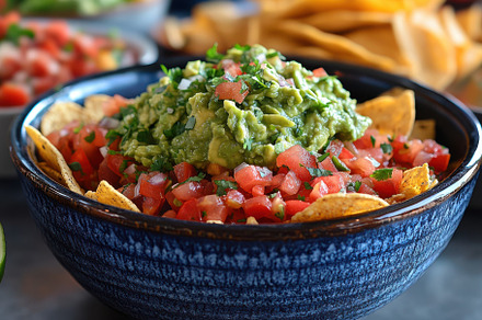 Delicious Guacamole Nachos in a Blue, a Background Photo by Pixeness