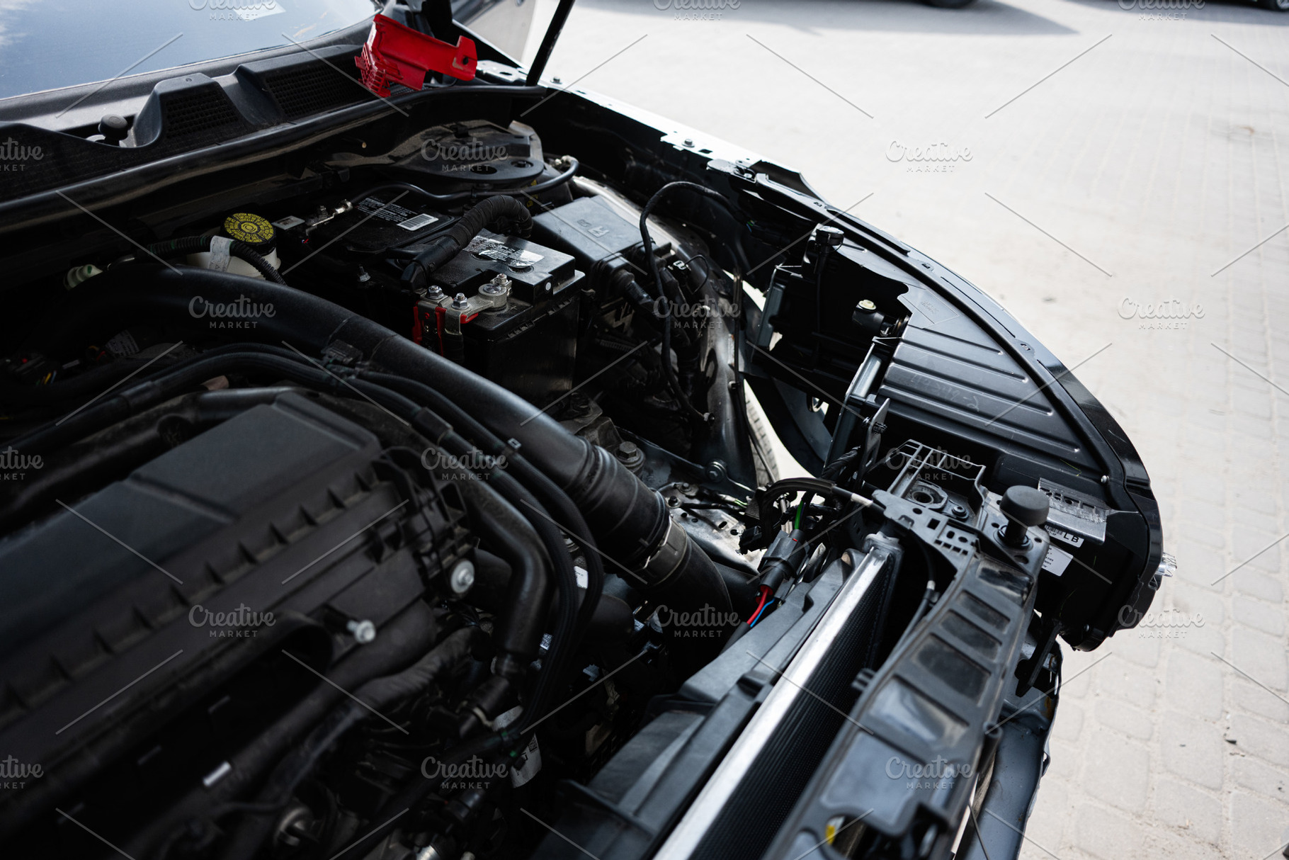 Detailed view under the hood of a car showing its engine components, a Transportation Photo by AS photostudio
