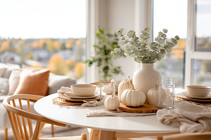 Cozy autumn dining setup with elegant decor and seasonal elements in bright apa, a Photo by AlyaAnd