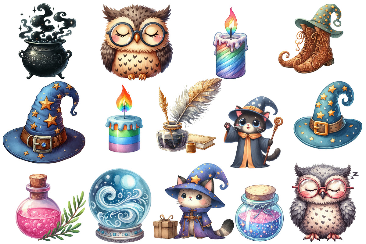 Cute Magic School Watercolor Clipart, an Illustration by Designworld (Photo 3 of 4)