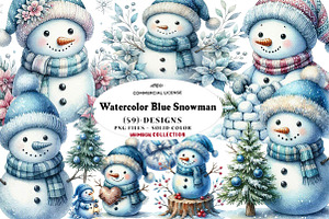 Watercolor Blue Snowman