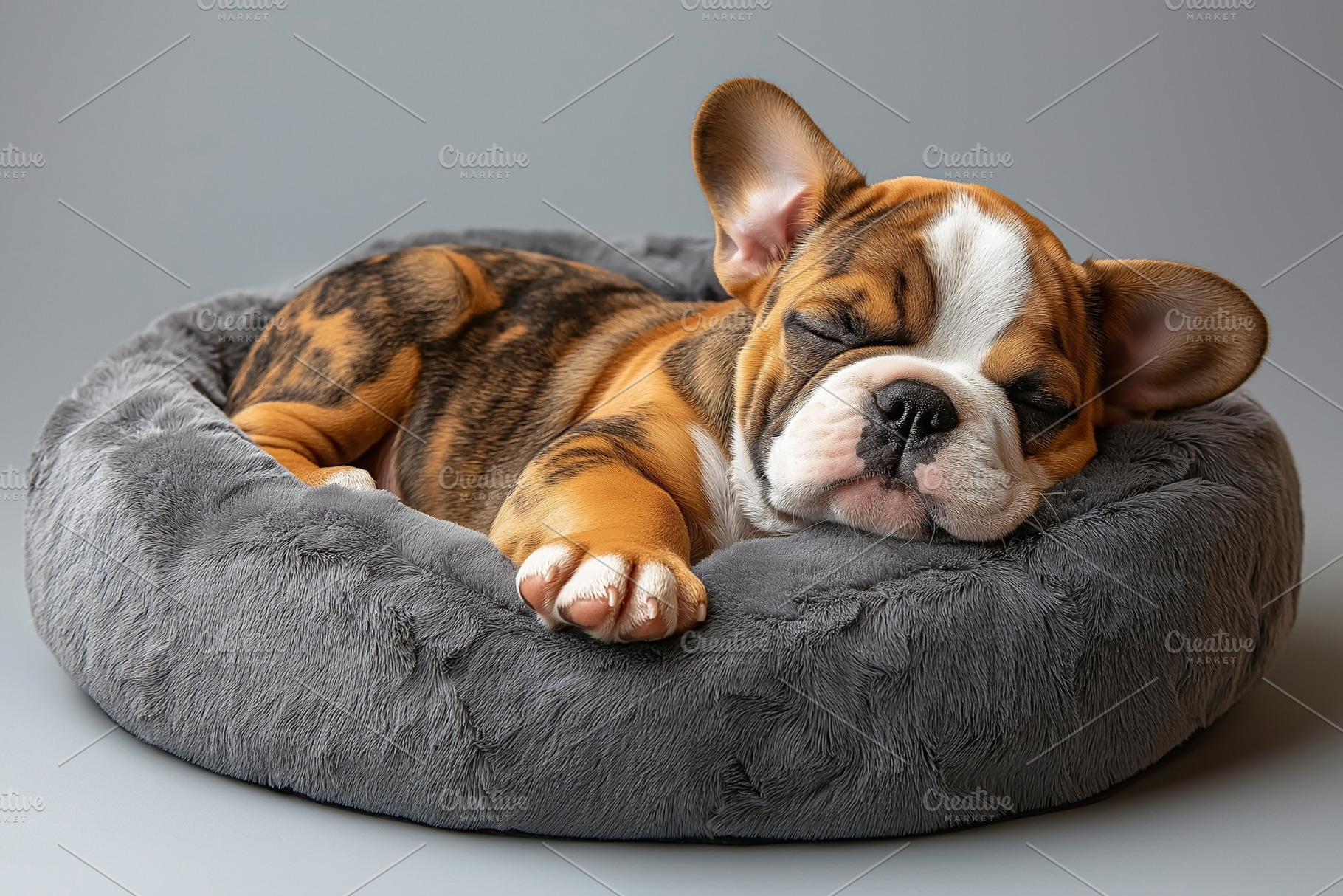 A sleepy brown and white bulldog puppy napping comfortably in a soft gray pet b, an Animal Photo by ImageMir