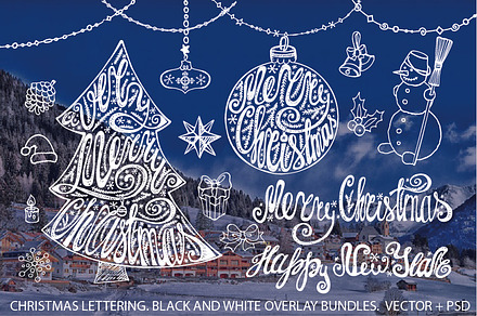 Merry Christmas tree lettering set