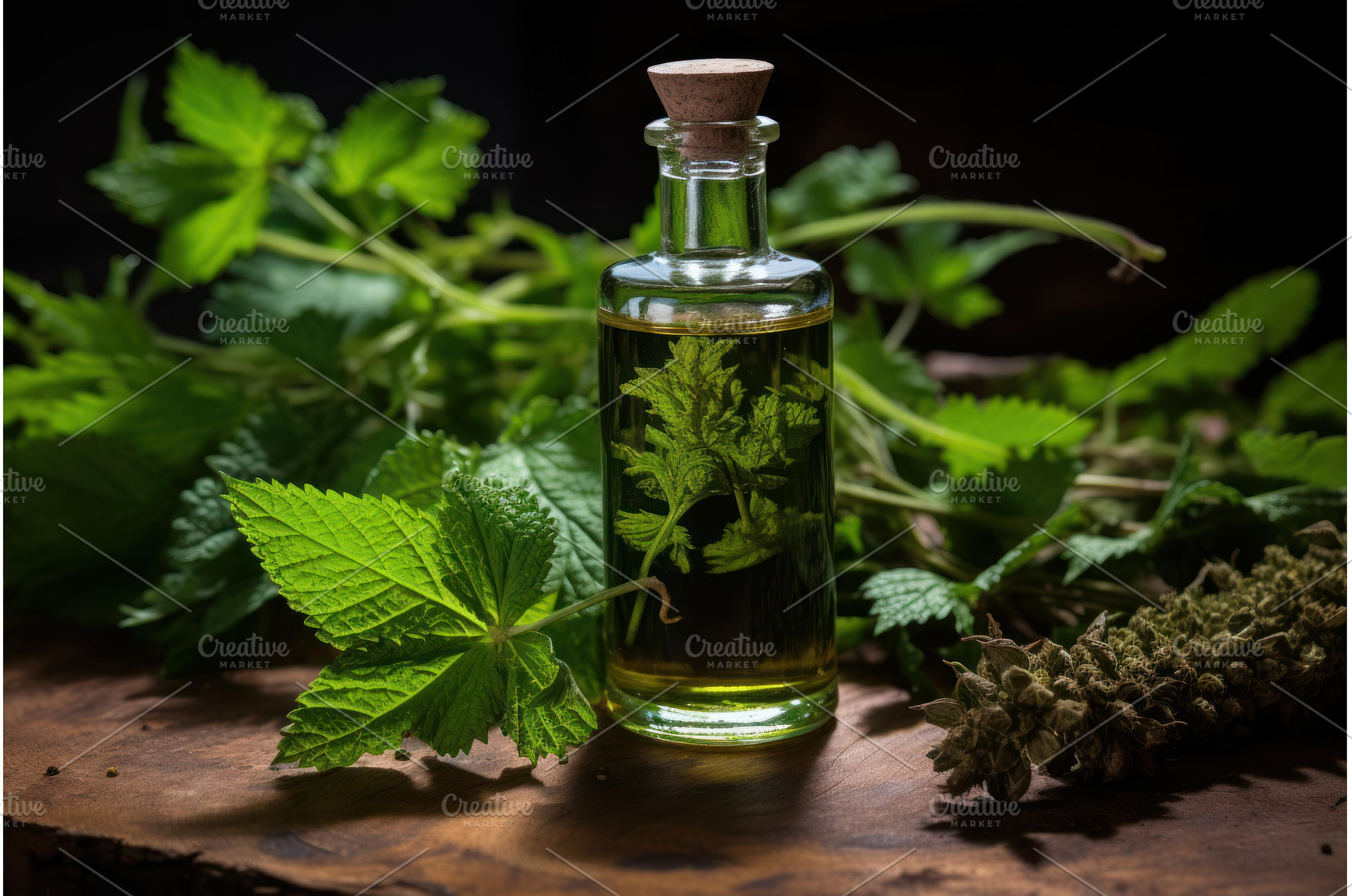 Transparent Nettle oil glass bottles, a Nature Photo by Ylivdesign
