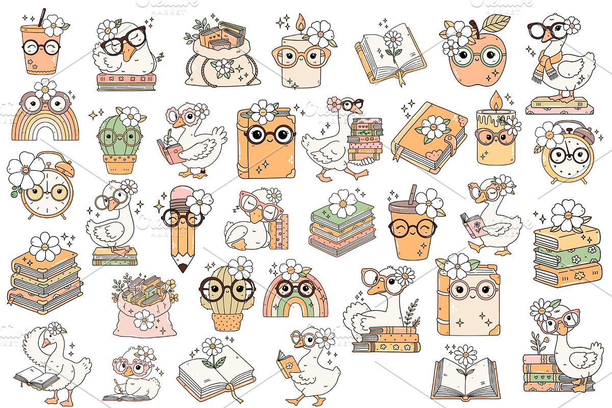 Kawaii Bookish Duck Clipart, a Decorative Illustration by Stellalunarts