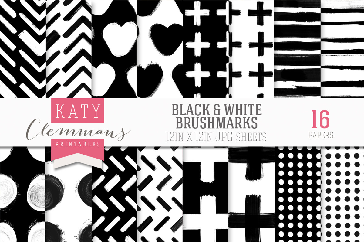 Black & White brush marks paper pack, a Pattern Graphic by Katy Clemmans (Photo 1 of 5)