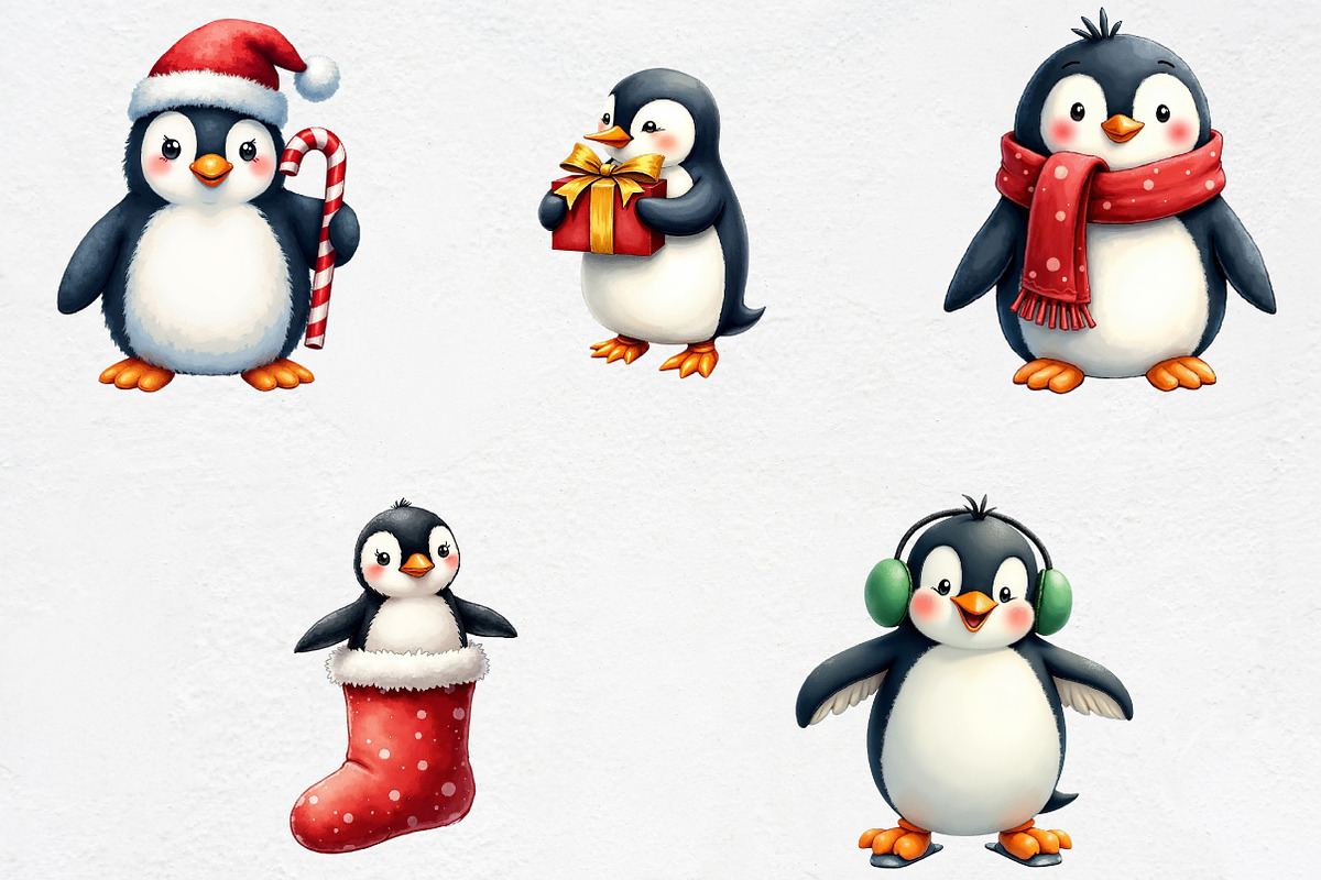 Watercolor Christmas Penguin Bundle, an Illustration by CrexoraLab (Photo 4 of 5)