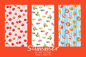 Summer Fruits Seamless patterns, an Illustration by JennyColorArt