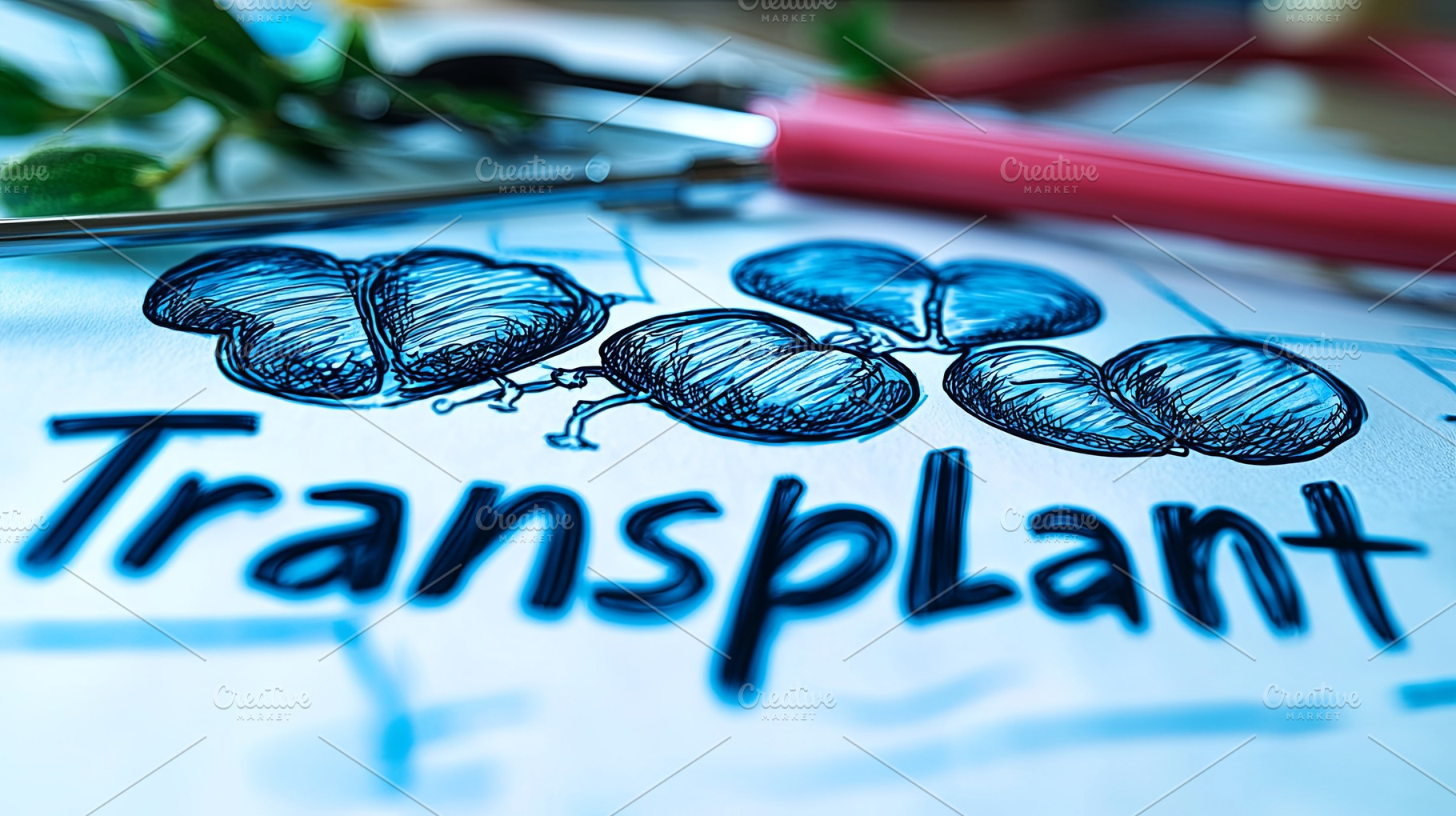 Medical transplant concept with hand-drawn kidney illustration and tools, a Photo by AS photostudio