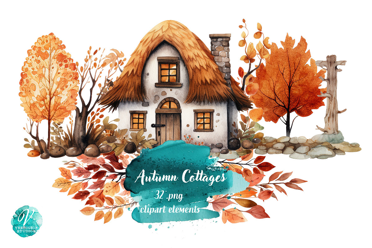 Autumn Cottages Watercolor, a Seasonal Illustration by Verdigris Studios (Photo 1 of 4)