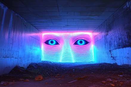 A vibrant tunnel illuminated by neon lights, featuring a large pair of blue eye, an Arts & Entertainment Photo by Textures & Backgrounds