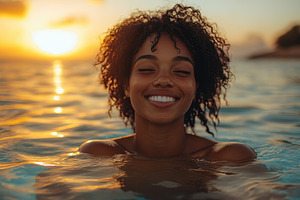 Smiling woman enjoying a serene suns, a Photo by Tanuart