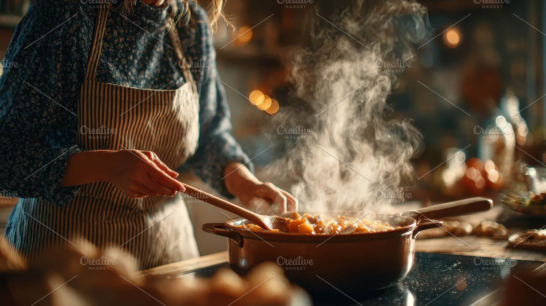 Woman cooking delicious stew in rust, a Photo by Pixeness Studio