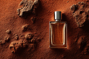Glass bottle placed on orange dust, a Photo by Pavel_design