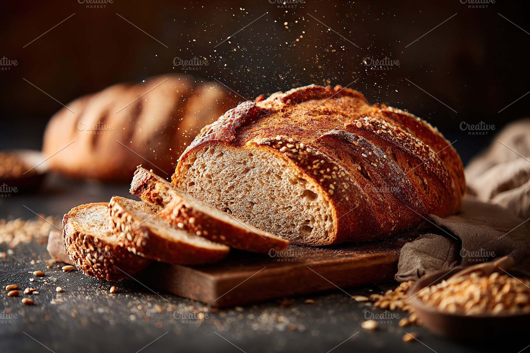 Freshly baked rye bread loaf sliced open revealing its soft interior with sesam, a Food & Drink Photo by AlyaAnd
