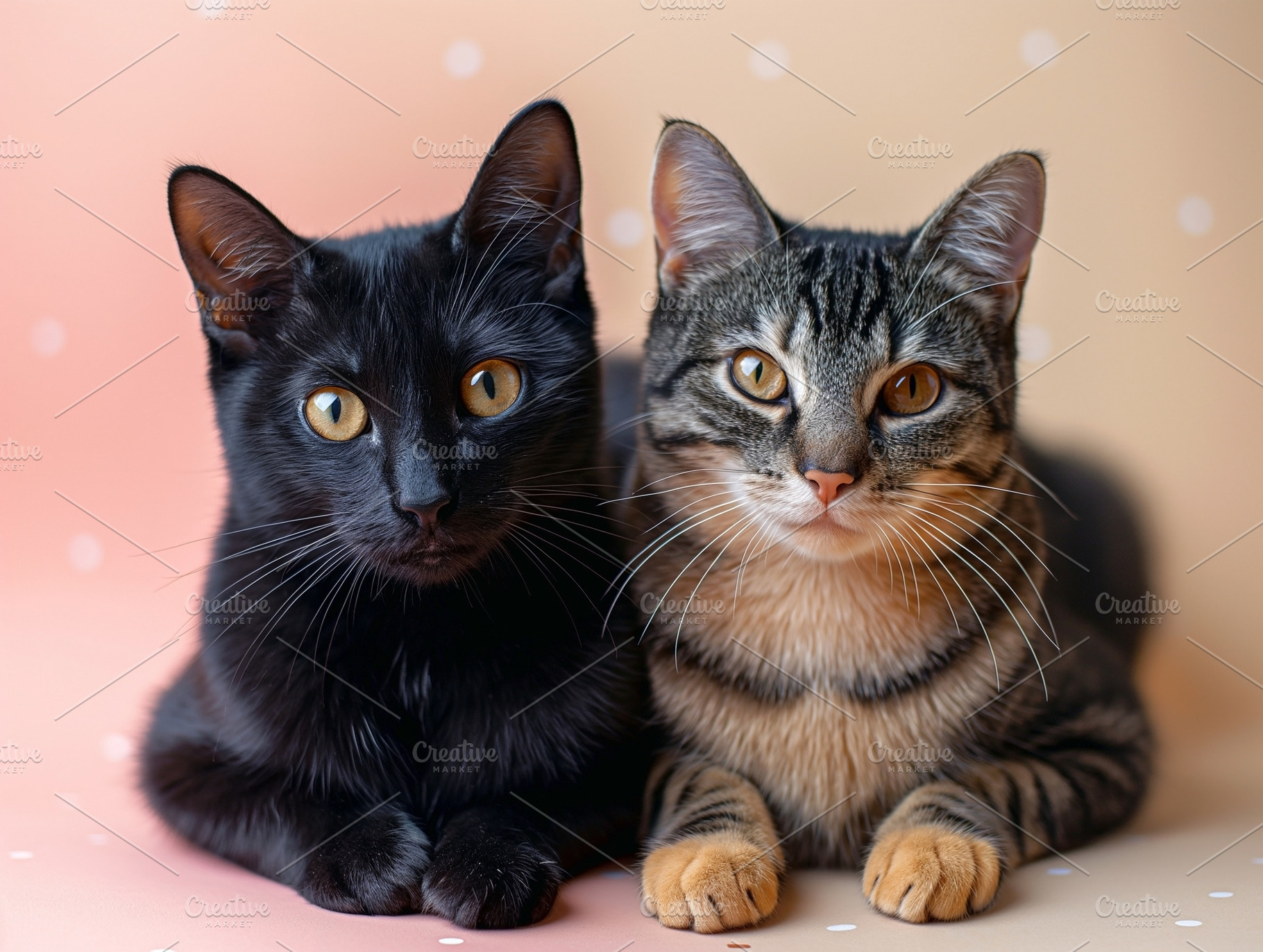 Two adorable cats lounging together, one black with striking yellow eyes and on, an Animal Photo by ImageMir