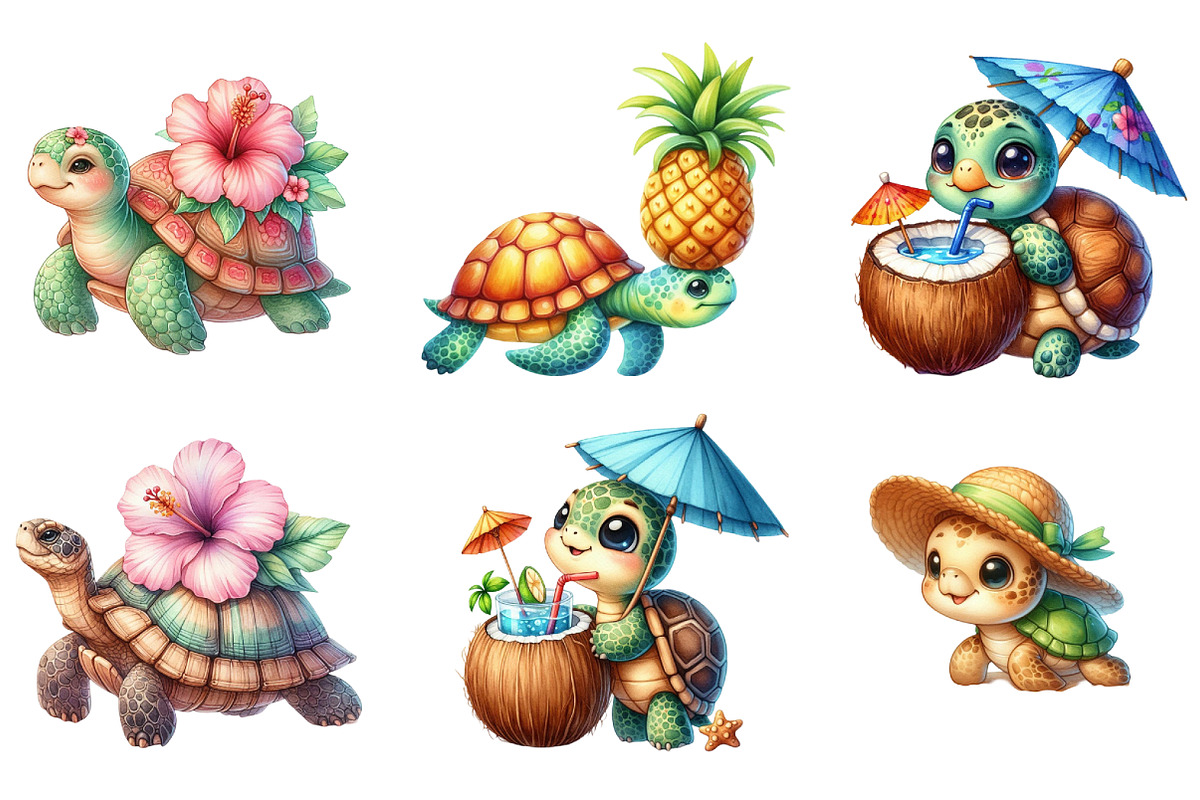 Watercolor Summer Turtle Clipart, a Seasonal Illustration by DreamArtGraphic (Photo 4 of 4)