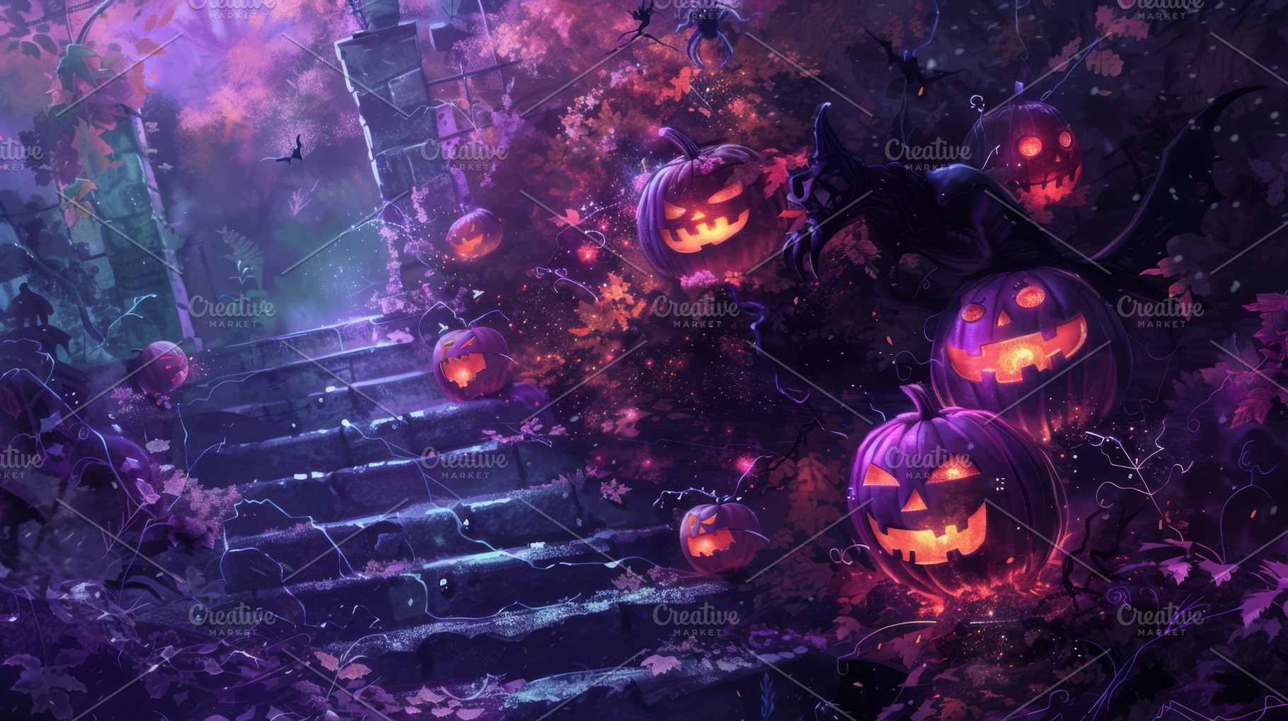 Spooky pumpkin-lit pathway, ideal for enchanting Halloween story, a Holiday Photo by Mashimara