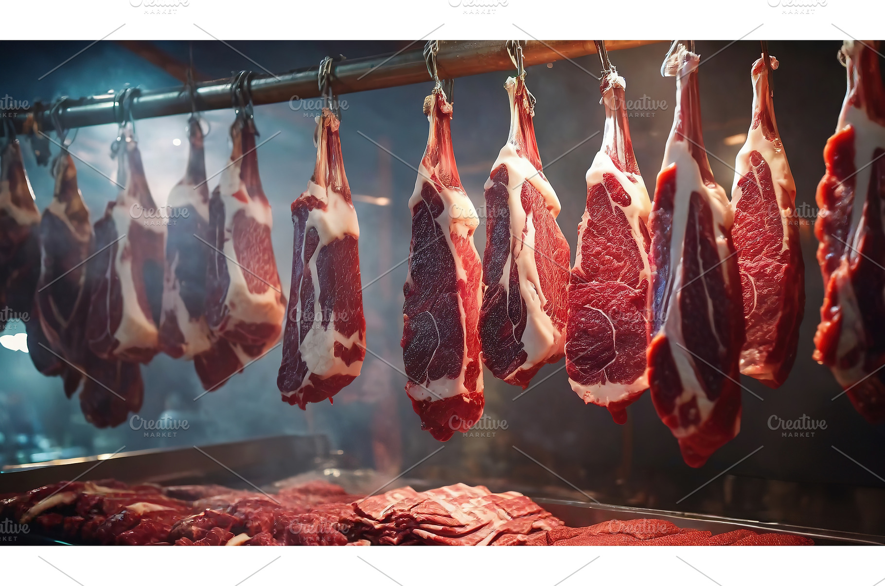 Raw meat cuts hanging in a butcher, a Food & Drink Photo by Igor Tichonow
