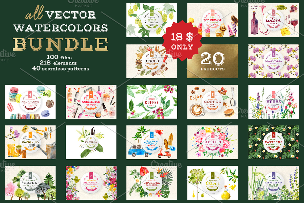 BUNDLE 20 watercolor vector products, a Food Illustration by handsketched