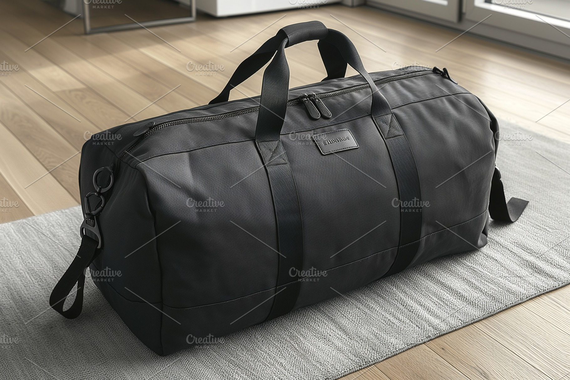 Stylish black duffle bag on a wooden floor, perfect for travel or gym use, feat, a Business Photo by ImageMir
